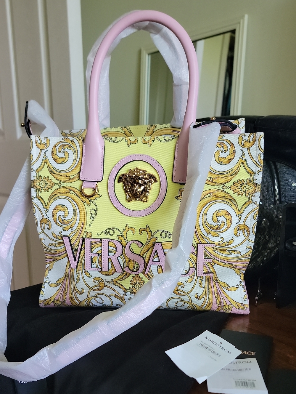 Versace Pink & Yellow Baroque Small Tote Bag